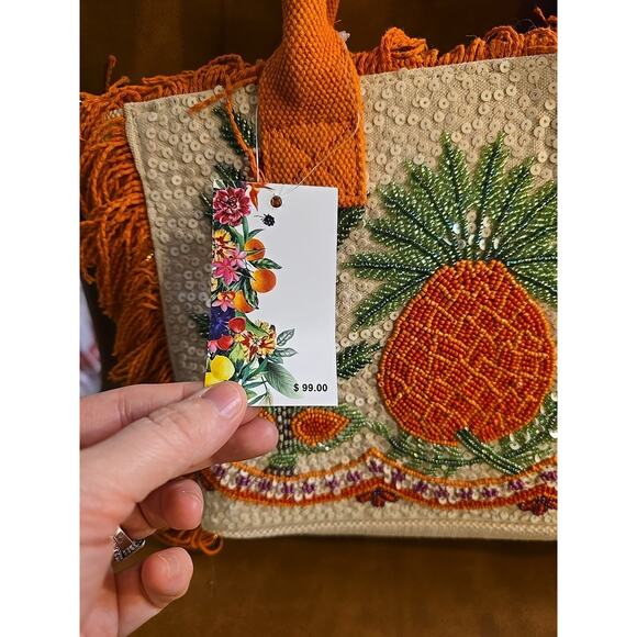 NWT America & Beyond Orange Viral Beaded Fringe Fiesta Pineapple Bag Purse - Picture 5 of 10